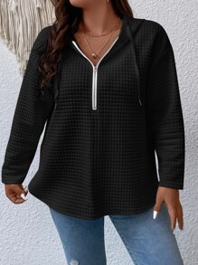 加大码半拉链落肩抽绳卫衣 - 黑色 - 查看 6