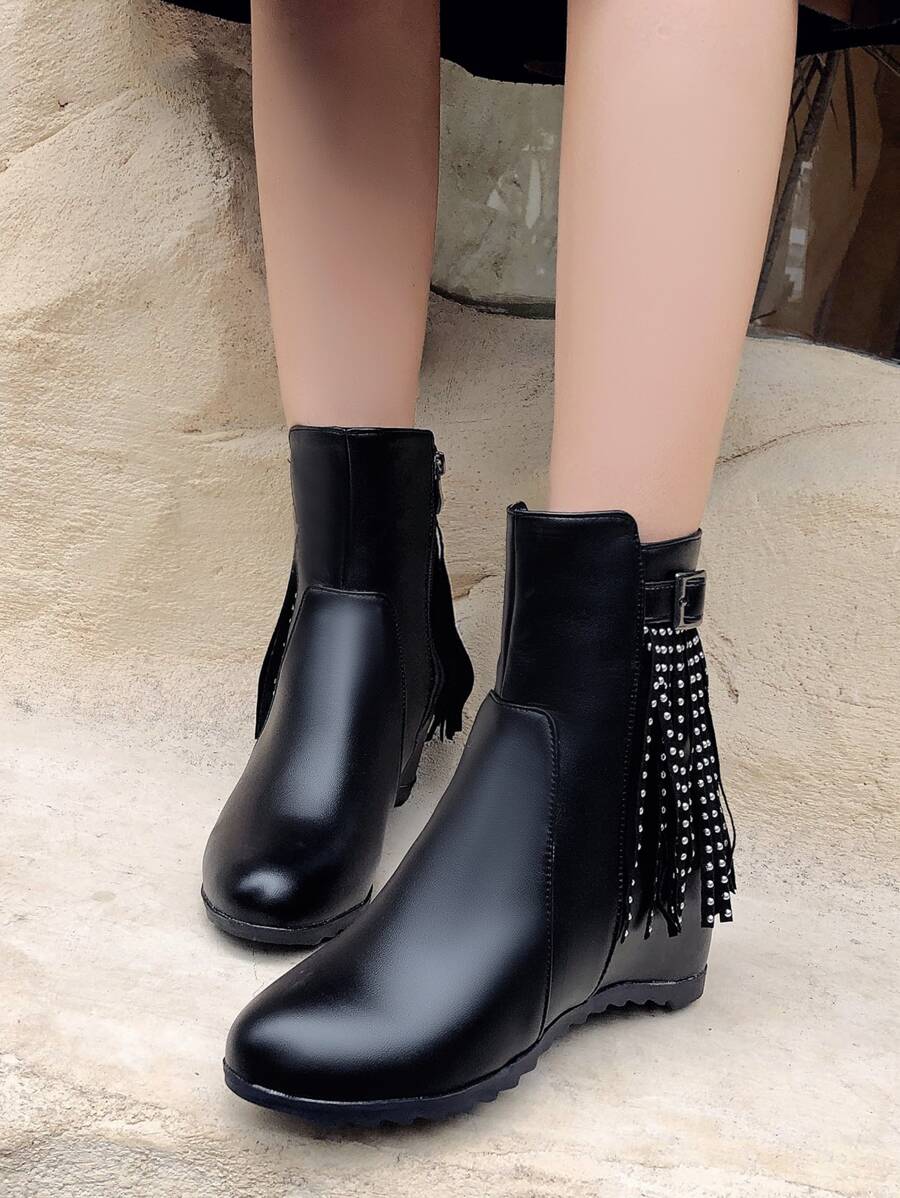 Fringe & Studded Decor Zipper Side Wedge Boots - Black - View 1