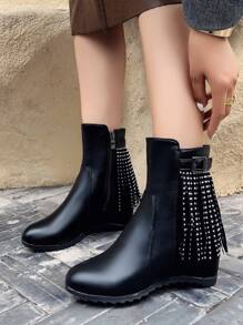 Fringe & Studded Decor Zipper Side Wedge Boots - Black - View 5
