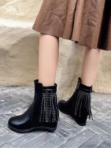 Fringe & Studded Decor Zipper Side Wedge Boots - Black - View 7
