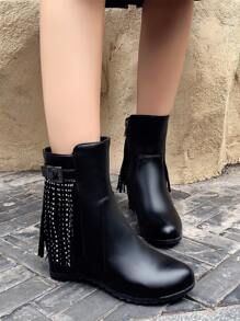 Fringe & Studded Decor Zipper Side Wedge Boots - Black - View 8