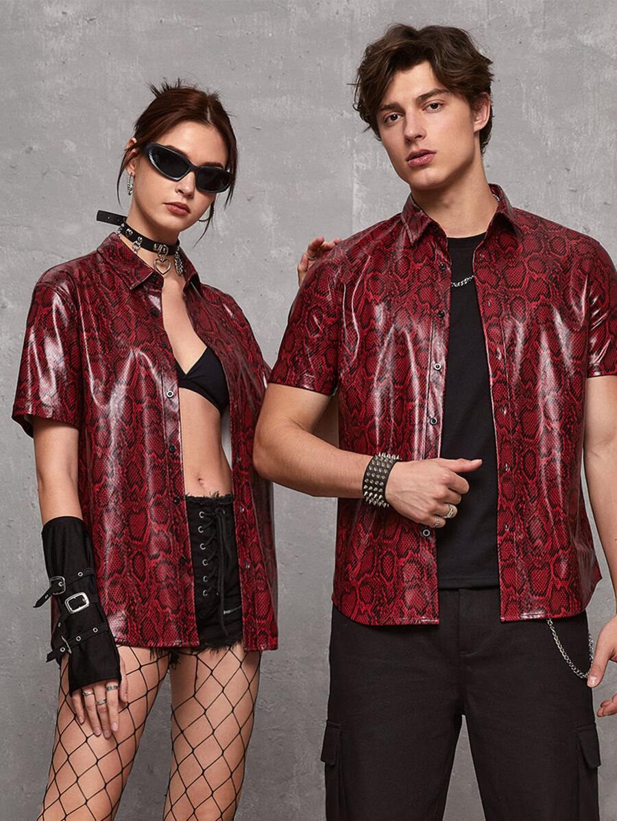 SWAVVY 1件男士蛇紋印花人造皮革衫 - 酒紅色 - 查看 1