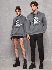 SWAVVY 1件落肩熊和字母印花寬鬆束腰連帽衣 - 深灰色 - 查看 1