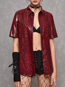 SWAVVY 1件男士蛇紋印花人造皮革衫 - 酒紅色 - 查看 6