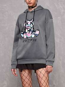 SWAVVY 1件落肩熊和字母印花寬鬆束腰連帽衣 - 深灰色 - 查看 3