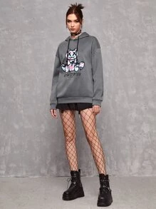 SWAVVY 1件落肩熊和字母印花寬鬆束腰連帽衣 - 深灰色 - 查看 4