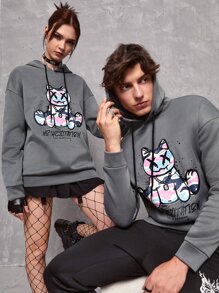 SWAVVY 1件落肩熊和字母印花寬鬆束腰連帽衣 - 深灰色 - 查看 5