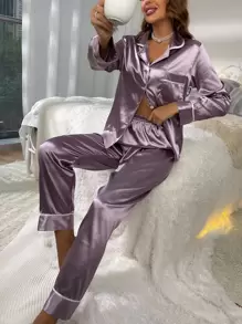 Contrast Binding Button Front Lapel Collar Satin PJ Set / Pajama Set, Fall Winter Clothes - Mauve Purple - View 4