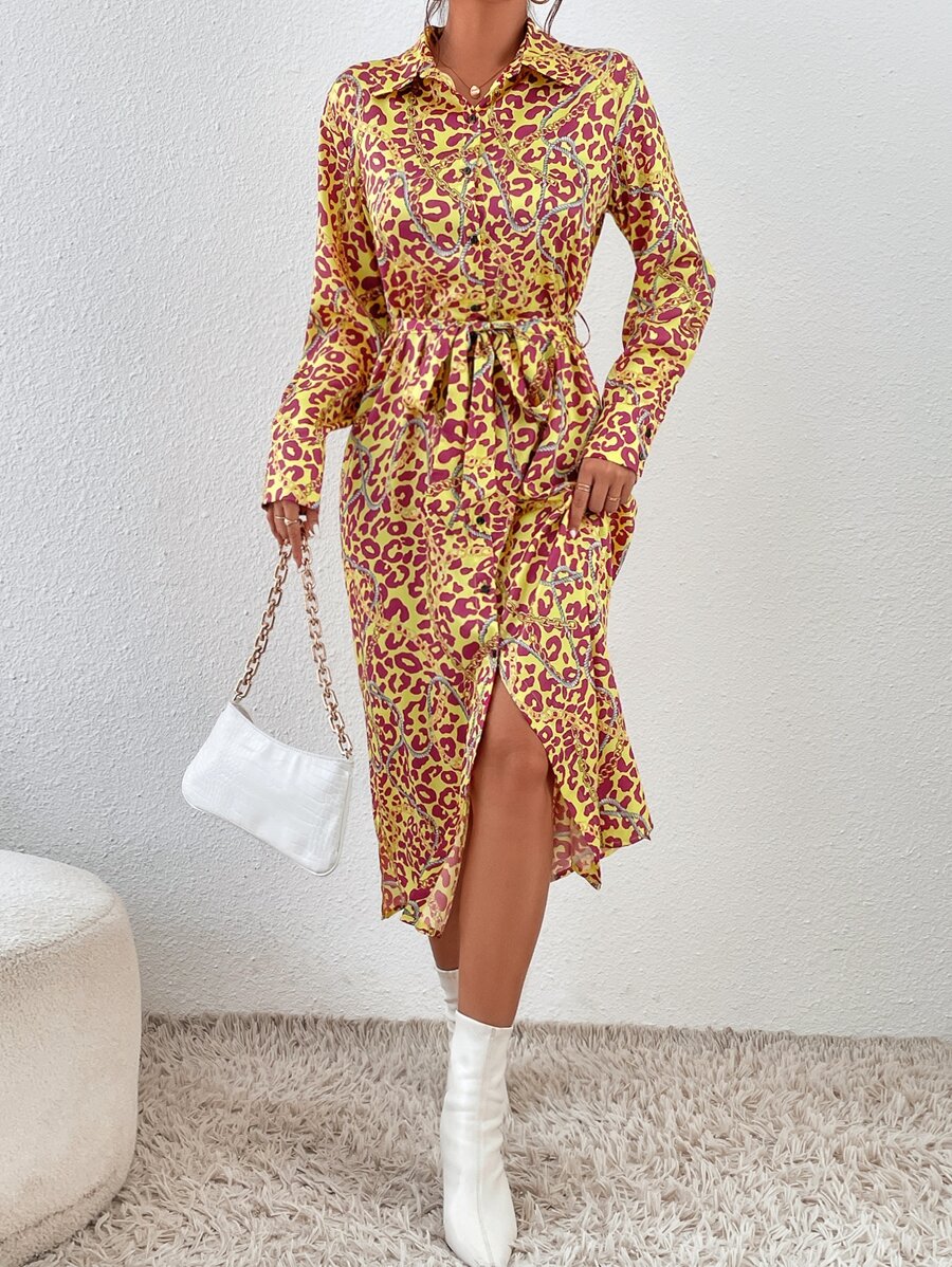 豹紋和鏈條印花腰帶襯衫洋裝 - 黃色 - 查看 1