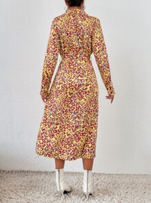 豹紋和鏈條印花腰帶襯衫洋裝 - 黃色 - 查看 2