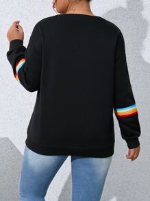 SHEIN LUNE Sudadera de rayas de arcoíris con estampado de hombros caídos - Negro - Ver 2