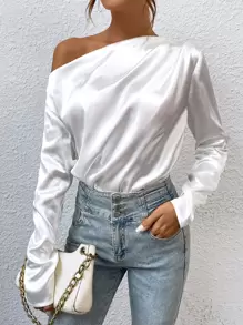 SHEIN BAE Asymmetrical Neck Satin Blouse - White - View 1