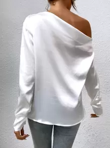 SHEIN BAE Asymmetrical Neck Satin Blouse - White - View 2