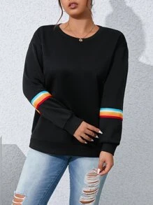 SHEIN LUNE Sudadera de rayas de arcoíris con estampado de hombros caídos - Negro - Ver 3