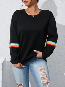 SHEIN LUNE Sudadera de rayas de arcoíris con estampado de hombros caídos - Negro - Ver 1