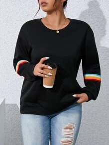 SHEIN LUNE Sudadera de rayas de arcoíris con estampado de hombros caídos - Negro - Ver 5