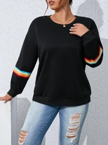 SHEIN LUNE Sudadera de rayas de arcoíris con estampado de hombros caídos - Negro - Ver 6