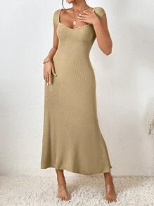 Firerie Sweetheart Neck Ribbed Knit Jumper Dress - Khaki - View 1