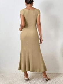 Firerie Sweetheart Neck Ribbed Knit Jumper Dress - Khaki - View 2