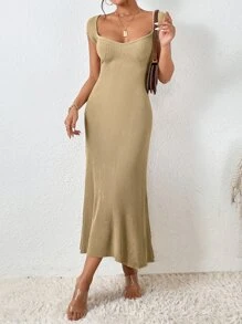 Firerie Sweetheart Neck Ribbed Knit Jumper Dress - Khaki - View 4