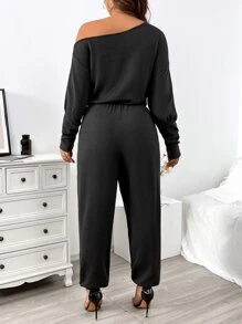 SHEIN LUNE Plus Rhinestone Detail Drop Shoulder Tee Jumpsuit - Dark Grey - View 2