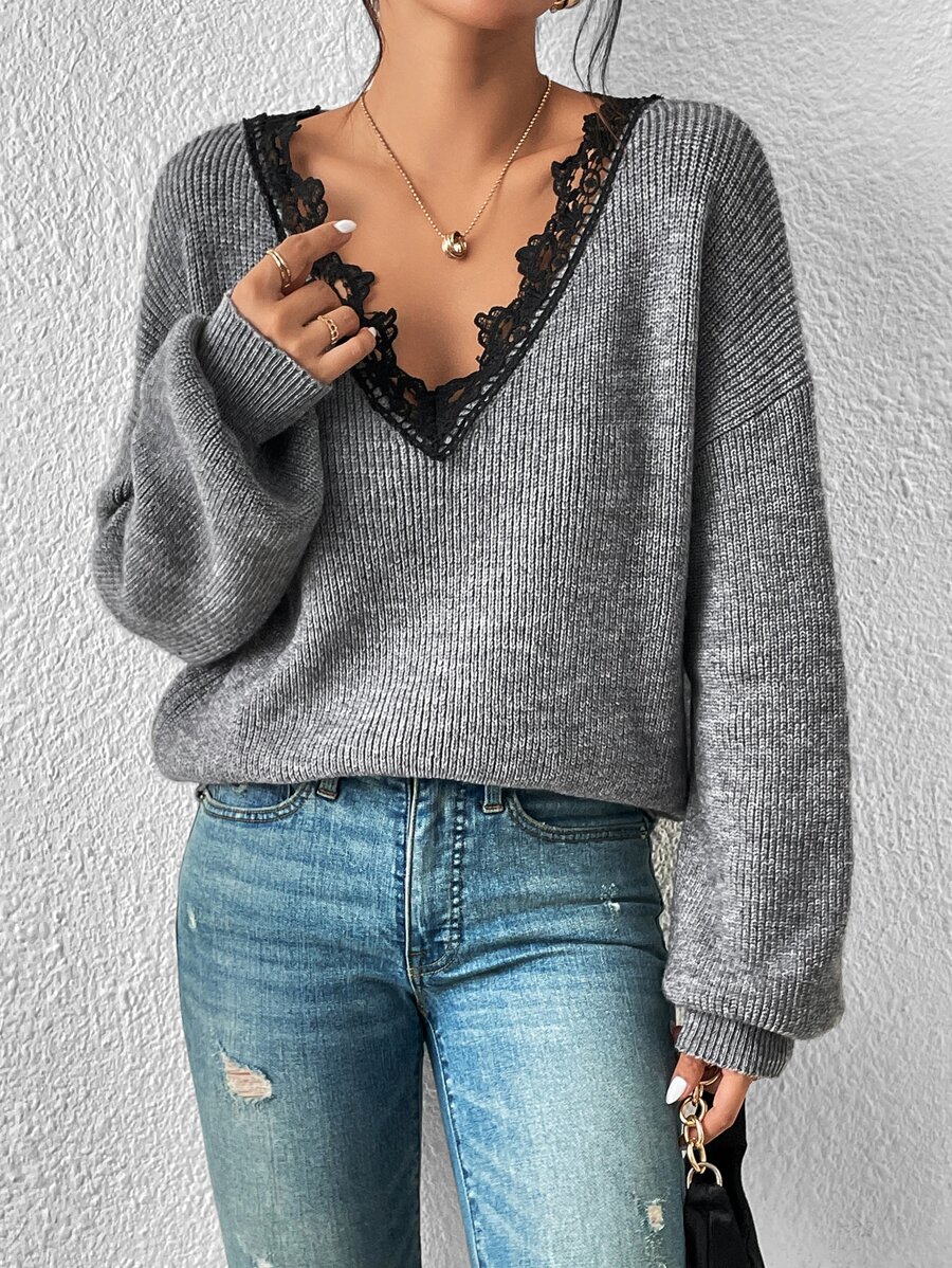 SHEIN Frenchy Jersey ribete con encaje de hombros caídos - Gris Oscuro - Ver 1