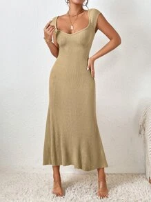 Firerie Sweetheart Neck Ribbed Knit Jumper Dress - Khaki - View 6