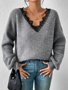 SHEIN Frenchy Jersey ribete con encaje de hombros caídos - Gris Oscuro - Ver 3