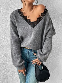 SHEIN Frenchy Jersey ribete con encaje de hombros caídos - Gris Oscuro - Ver 4