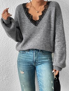 SHEIN Frenchy Jersey ribete con encaje de hombros caídos - Gris Oscuro - Ver 5