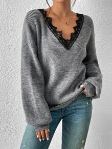 SHEIN Frenchy Jersey ribete con encaje de hombros caídos - Gris Oscuro - Ver 7