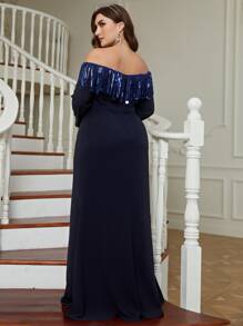 Plus Off Shoulder Sequin Fringe Trim Floor Length Formal Dress - Navy Blue - View 2