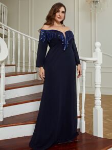 Plus Off Shoulder Sequin Fringe Trim Floor Length Formal Dress - Navy Blue - View 3