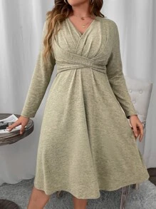 SHEIN Clasi Plus Solid Criss Cross Front A-line Dress - Khaki - View 1