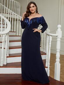 Plus Off Shoulder Sequin Fringe Trim Floor Length Formal Dress - Navy Blue - View 6