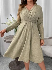 SHEIN Clasi Plus Solid Criss Cross Front A-line Dress - Khaki - View 4