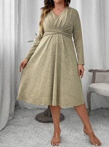 SHEIN Clasi Plus Solid Criss Cross Front A-line Dress - Khaki - View 5