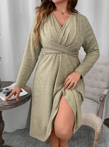 SHEIN Clasi Plus Solid Criss Cross Front A-line Dress - Khaki - View 6