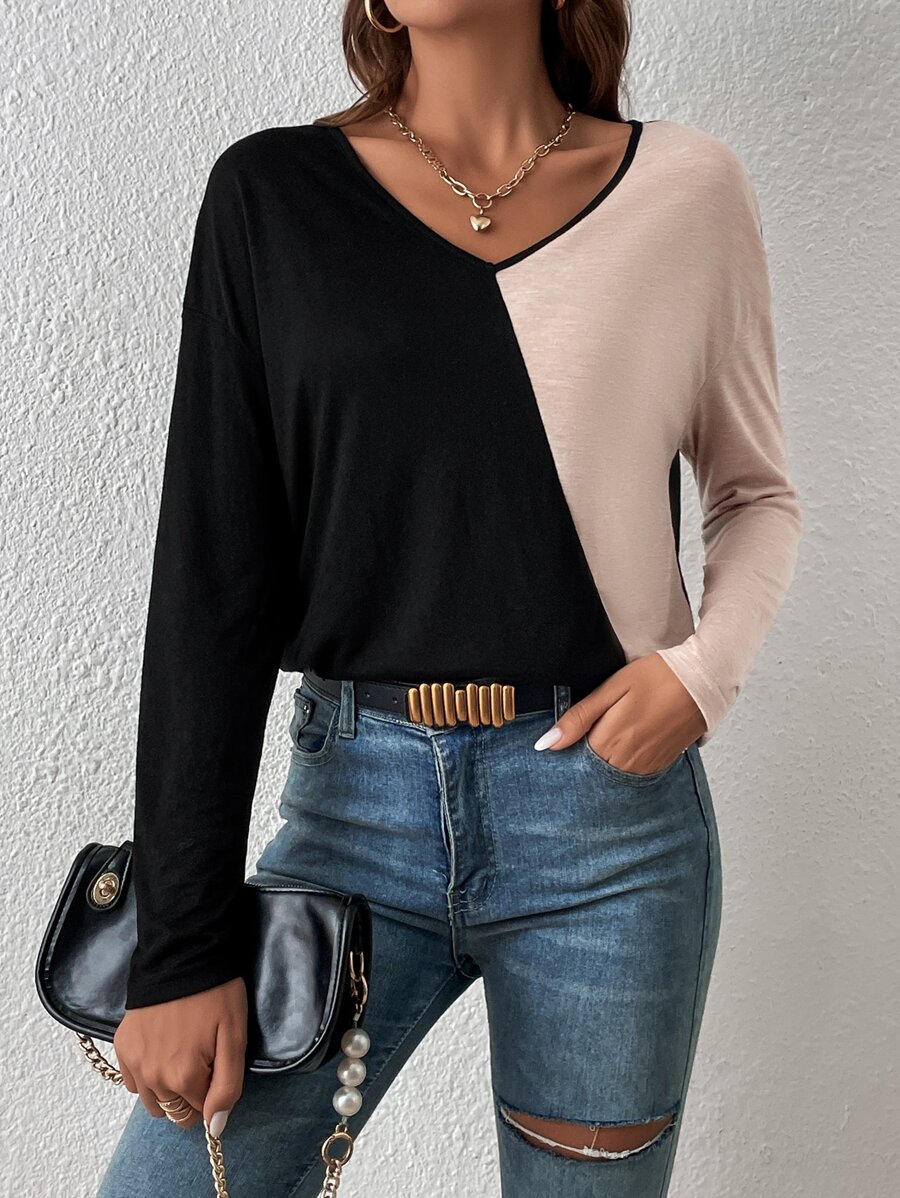 SHEIN Essnce Two Tone V Neck Tee - Multicolor - View 1