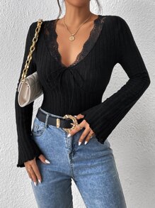 SHEIN Frenchy Body con encaje en contraste con nudo delantero ribete en forma de lechuga de manga con volante - Negro - Ver 1