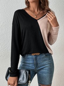 SHEIN Essnce Two Tone V Neck Tee - Multicolor - View 3