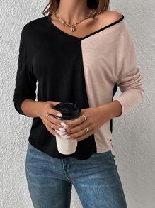 SHEIN Essnce Two Tone V Neck Tee - Multicolor - View 5