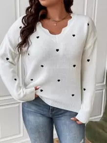SHEIN Franclia Plus Heart Embroidery Scallop Trim Drop Shoulder Jumper - White - View 1
