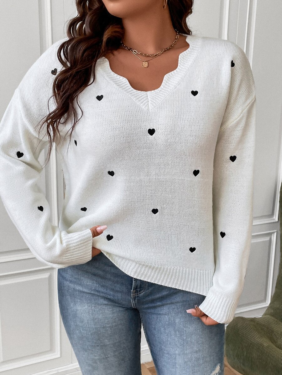 SHEIN Franclia Plus Heart Embroidery Scallop Trim Drop Shoulder Jumper - White - View 1