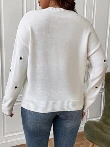 SHEIN Franclia Plus Heart Embroidery Scallop Trim Drop Shoulder Jumper - White - View 2