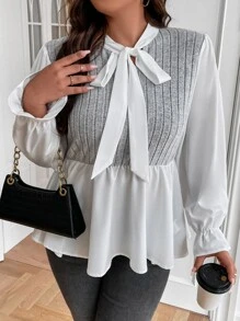 SHEIN Franclia Plus Two Tone Tie Neck Flounce Sleeve Peplum Top - Multicolor - View 2