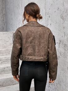 Aveloria Zip Up Slant Pocket Belted PU Biker Jacket - Coffee Brown - View 2