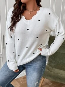 SHEIN Franclia Plus Heart Embroidery Scallop Trim Drop Shoulder Jumper - White - View 4