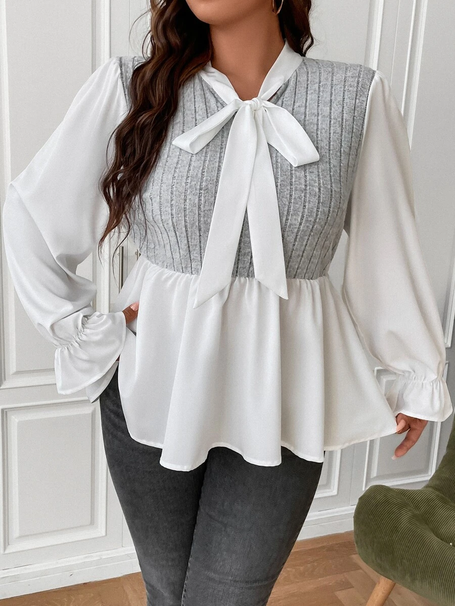 SHEIN Franclia Plus Two Tone Tie Neck Flounce Sleeve Peplum Top - Multicolor - View 1
