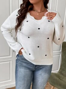 SHEIN Franclia Plus Heart Embroidery Scallop Trim Drop Shoulder Jumper - White - View 5